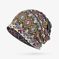 Ethnic knit turban hat with colorful geometric patterns and warm fleece lining - Coffee Diamond Stripe