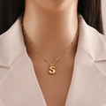 Minimalist gold tone stainless steel necklace with initial S pendant and beaded chain - Letter S