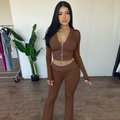 Detail of coffee brown ribbed knit two-piece set featuring hooded zip jacket and flared pants - S / Top And Bottom / Dark Brown