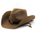 Sombrero de vaquero de paja marrón oscuro con hebilla metálica y cordón trenzado - M (56-58cm) / café