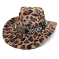 Cappello da cowboy leopardato in peluche con fascia in pelle nera e fibbia a stella - Corona a Cuore Marrone Chiaro