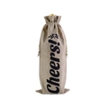 Linen Christmas wine gift bag with drawstring and Cheers heart print design - Natural Hemp
