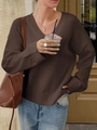 Women's casual dark brown V-neck knitted sweater in a classic solid color style - XS / Brown