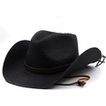 Close-up of black straw cowboy hat featuring woven band and brown adjustable chin cord - M (56-58cm) / Black
