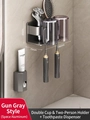 Gunmetal wall-mounted toothbrush holder set with two cups and toothpaste dispenser - Gun Grey Toothbrush Holder + 2 Colored Cups + Toothpaste Squeezer