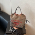 Dark grey nylon drawstring bucket bag with red cherry embroidery and checkered handles - Gray