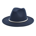 Detail of navy blue wool fedora hat with gold metal decorative band and wide brim - Navy Blue