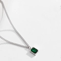 Silver stainless steel necklace with rectangular emerald green zircon pendant charm - Silver Emerald Pendant Necklace