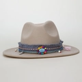 Bohemian khaki wool fedora hat with ethnic woven band and turquoise stone accent - M(56-58cm) / Apricot