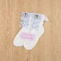 White Lolita lace socks featuring a light blue silk bow and square crystal detail - White/Blue Bow