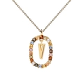 Close-up of gold oval necklace featuring a colorful zircon-encrusted letter V pendant - Letter V