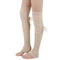 Thick beige cable knit over-knee leg warmers with decorative lace-up bow detail - One Size / Retro Beige