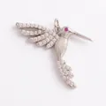 Silver hummingbird pendant with white zircon crystals and red gemstone eye detail - Hummingbird-White Gold