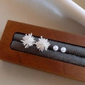 Detail view of silver sunburst earrings and white pearl studs in a wooden jewelry box - 30# Firework Pearl 4-Piece Set (30# Silver Pin-Silver (4-Piece Set))