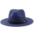 Vista detallada del sombrero Fedora trenzado azul oscuro con banda de cuero y hebilla plata - M (56-58cm) / Azul marino