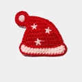 Détail d'une barrette à cheveux bonnet de Noël faite main au crochet avec étoiles - Bonnet de Noël Tricoté
