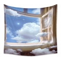 Tapisserie bohème avec vue surréaliste de la fenêtre, croissant de lune et nuages blancs - Fenêtre et Nuages de Nuit de Lune de Rêve (ZJ202148-7) / 73X95CM (Brossé Transfrontalier)