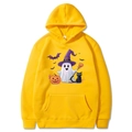 Bright yellow Halloween hoodie featuring cartoon ghost and pumpkin prints in size medium - Yellow