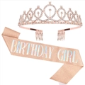 Rose gold birthday girl tiara and holographic sash party decoration set for women - Set 1 (Rose Gold Birthday Girl)