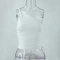 Detailed view of white one-shoulder ruched top with tie-knot shoulder and side drawstring - S / White