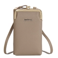 Vertical khaki brown litchi pattern phone bag with golden metal clasp and crossbody strap - Khaki