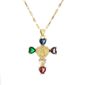 Collana religiosa dorata con zirconi colorati a cuore e ciondolo croce della Vergine Maria - Colorato
