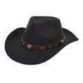 Detailed macro view of the wide-brimmed black wool felt cowboy hat with leather band decor - M (56-58cm) / Black