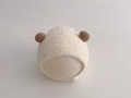 Plush baby earflap hat in white with brown pom-poms for winter warmth and comfort - Cap circumference 40-48cm, suitable for 3-18 months / Small Ball Milk White