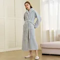 Thick sky blue double-sided coral fleece long bathrobe with white piping and belt - Sky Blue (Women)