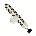 Detail of adjustable black and white woven phone strap with detachable coin purse - Beige Leaves