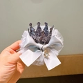 Sparkly silver crown hair clip with grey satin bow and lace for girls princess style - Grey