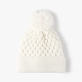 Gorro de punto blanco para mujer con un gran pompón de pelo sintético para el invierno - Blanco