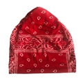 Detail shot of the soft red knit beanie featuring a classic white paisley pattern - Small Paisley Red