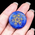 Lapis lazuli stone disc with golden Metatron's Cube sacred geometry engraving - Lapis Lazuli