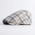 Classic British wool blend flat cap featuring beige blue and grey plaid pattern - Adjustable / Beige