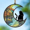 Pendaglio a luna in acrilico con sagoma di gatto e paesaggio forestale decorativo - 10*10*0.4cm / Stile 5-Foresta Fiume Gatto Luna