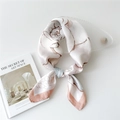 Elegant silk scarf with pink and blue floral lines and a smooth satin finish - White Magnolia with Brown Border