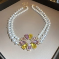 Macro view of double-layer pearl necklace with colorful crystal floral pendant in gift box - Necklace / Purple & Yellow