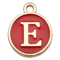 Red enamel round charm with golden letter E and polished metal frame for DIY jewelry - 1 Piece (12x14mm) / Red - Letter E