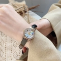 Elegant women's quartz watch with shell dial, gold bezel and grey leather strap - Mustard Green