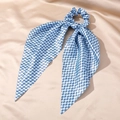 Detail of silk hair scrunchie with blue evil eye sun print and long ribbon streamers - 5# Light Blue Eyelash Eye