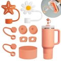 Orange silicone accessories set featuring starfish straw cover and matching boot for water cups - Orange Starfish & Daisy Set