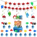 Close-up of 'The Big One' fishing theme cake toppers and party banner decorations - Fishing Decoration Combo Set C
