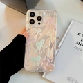 Detail of clear iPhone case with pearlescent swirl texture and colorful 3D bows - Silver Colorful Ribbon Bow / iPhone 16 Pro