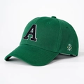 Close-up of forest green cotton twill baseball cap with 3D letter A embroidery and side logo - Green