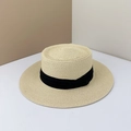 Chapeau canotier en paille beige avec ruban noir élégant pour femme en été - Beige avec Ruban Noir