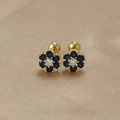 Blue zircon flower earrings in S925 silver with gold finish and ball-back closure - Gold-Dark Blue