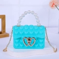 Teal heart pop-it silicone bag with pearl handle and golden chain crossbody strap - Green