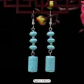 Ethnic retro turquoise tassel drop earrings for women with silver beads and blue stones - 3-Turquoise Cylinder