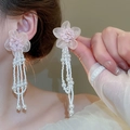Pink and white mesh flower earrings with layered pearl tassels worn by a model - Mesh 3D Floral Pearl Tassel (21#)